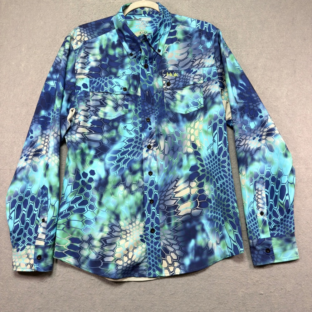 Huk Mens Kryptek‎ Pontus Camo Fishing Shirt Blue Long Sleeve Mesh Back Medium
